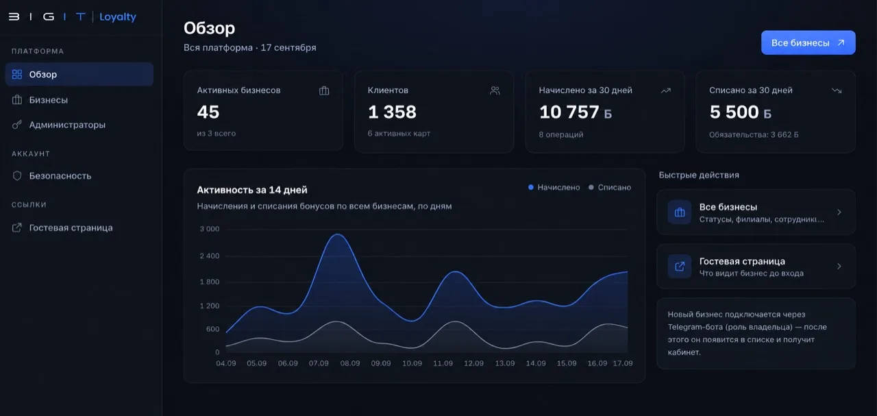 Кабинет BIGIT Loyalty: обзор платформы, активность по дням
